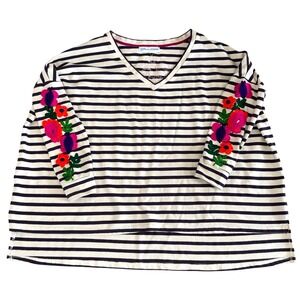 Gallabia Striped V-Neck Top Embroidered Floral Sleeves Boho Blouse Oversized